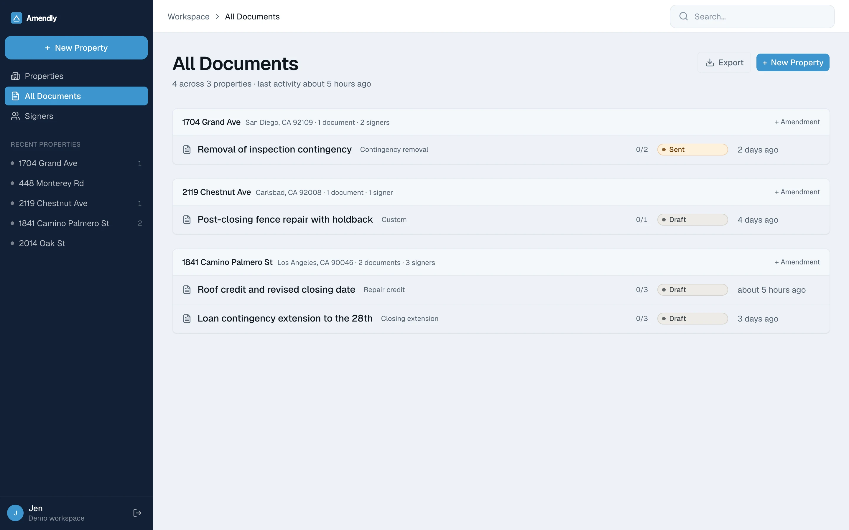 The All Documents screen, listing every drafted amendment grouped under its property, each with its scenario, signature progress and status.