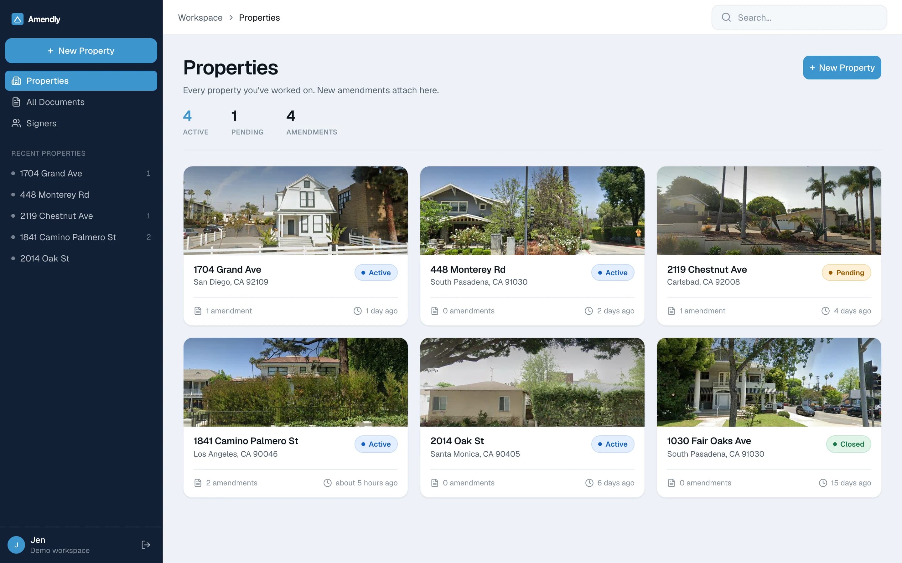 The Properties screen: property cards, each with a street photo of the house, its status, and how many amendments are attached.