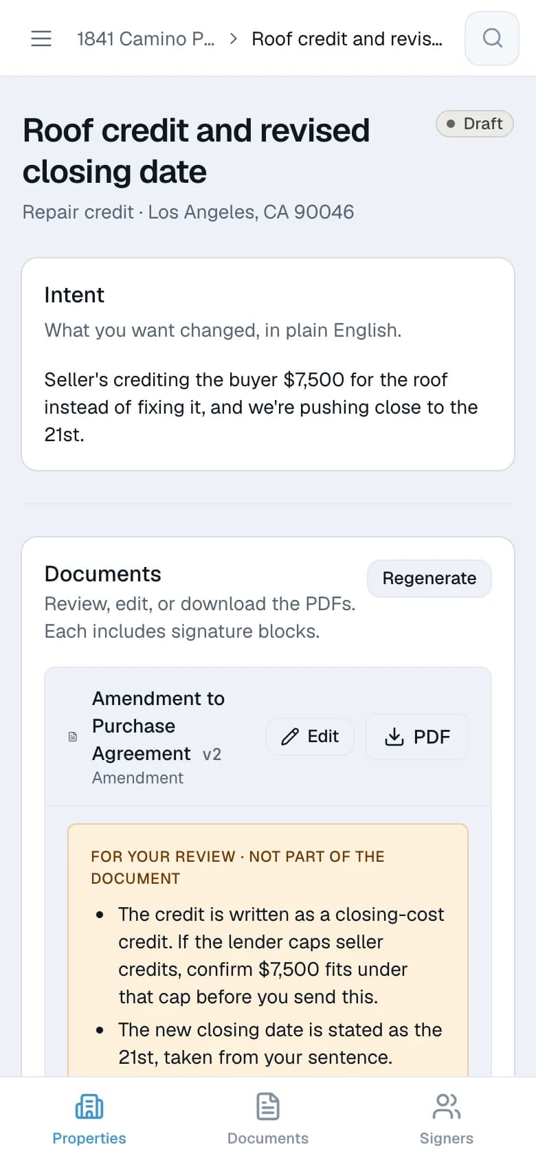 Amendly on a phone: a drafted amendment open, with the review notes and the document text laid out for a narrow screen.
