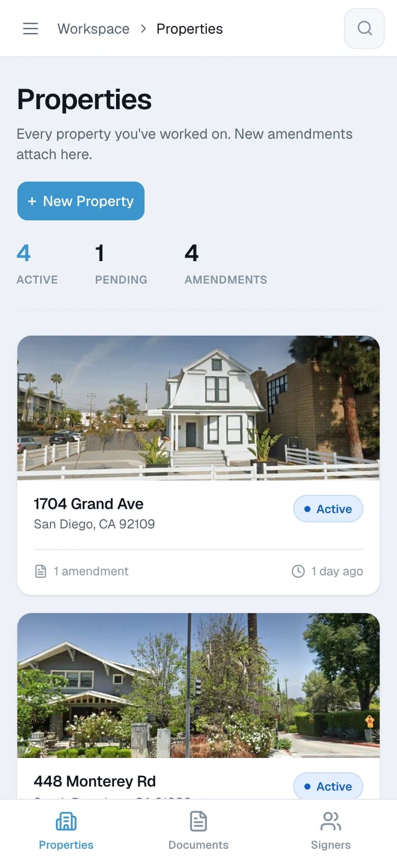 Amendly on a phone: the properties list with a street photo of each house and a bottom tab bar for Properties, Documents and Signers.